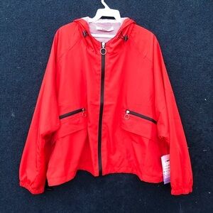 Oversized red windbreaker full zipper, hood jacket. Kimono sleeves